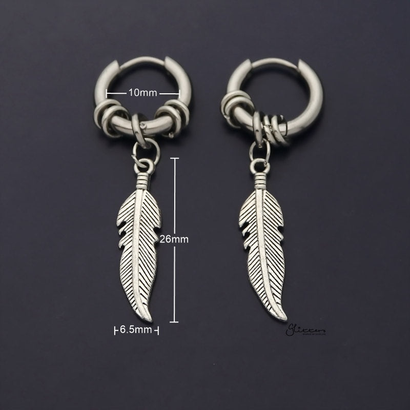 Stainless Steel Huggie Hoop Earrings with Drop Feather and Rings - Silver-Chain Earring, earrings, Hoop Earrings, Huggie Earrings, Jewellery, Men's Earrings, Men's Jewellery, Stainless Steel, Women's Earrings-ER1490-S2_800_New-Glitters