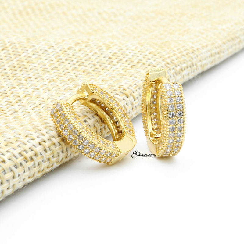 Iced Out One-Touch Huggie Hoop Earrings - Gold-Cubic Zirconia, earrings, Hip Hop Earrings, Hoop Earrings, Iced Out, Jewellery, Men's Earrings, Men's Jewellery, Women's Earrings, Women's Jewellery-ER1539G1_1-Glitters