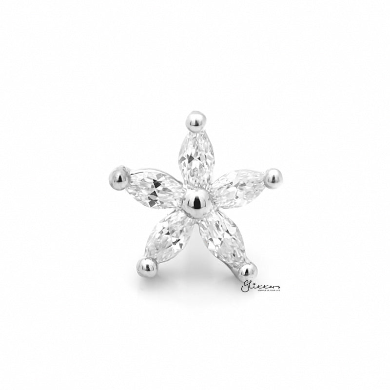 Five Petal CZ Flower Cartilage Tragus Piercing Earring - Silver-Body Piercing Jewellery, Cartilage, Cubic Zirconia, earrings, Jewellery, Tragus, Women's Earrings, Women's Jewellery-FivePetalClearCZFlower01-Glitters