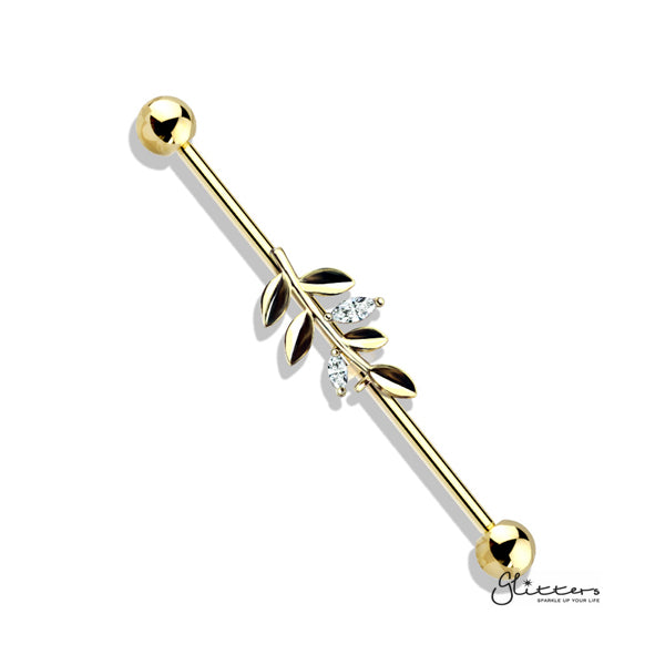 316L Surgical Steel Industrial Barbells with CZ Set Leaf-Body Piercing Jewellery, Cubic Zirconia, Industrial Barbell-IB0003-BI78-G-Glitters