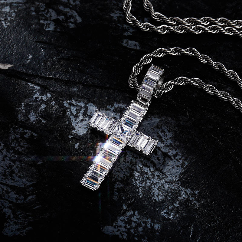 Iced Out Baguette Cut Cross Pendant - Silver-Hip Hop, Hip Hop Pendant, Iced Out, Jewellery, Men's Necklace, Necklaces, Pendants, Women's Jewellery, Women's Necklace-NK1065-SC2_800-Glitters