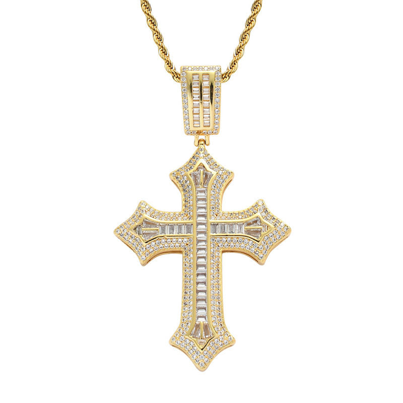 Iced Out Baguette Cut CZ Cross Pendant - Gold-Hip Hop, Hip Hop Pendant, Iced Out, Men's Necklace, Necklaces, Pendants-NK1086G1-Glitters
