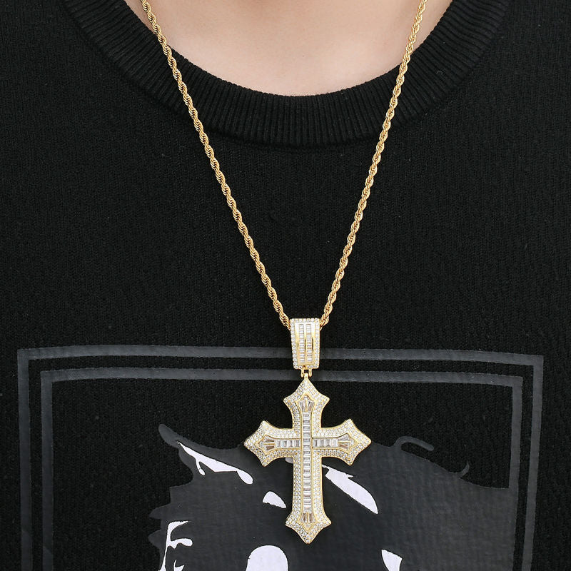 Iced Out Baguette Cut CZ Cross Pendant - Gold-Hip Hop, Hip Hop Pendant, Iced Out, Men's Necklace, Necklaces, Pendants-NK1086M_e0644d6d-e8ef-480f-8840-8e0e5826d62e-Glitters