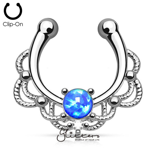 Non Piercing Fake Lacey Single Opal Blue Septum Hanger-Body Piercing Jewellery, Nose, Septum Ring-SEPR-29-OP05-1-Glitters