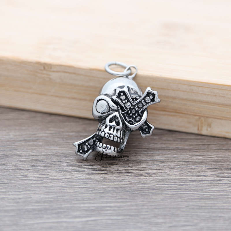 Stainless Steel Antiqued Skull Head with Cross Pendant-Jewellery, Men's Jewellery, Men's Necklace, Necklaces, Pendants, Stainless Steel, Stainless Steel Pendant-SP0268_800-01-Glitters