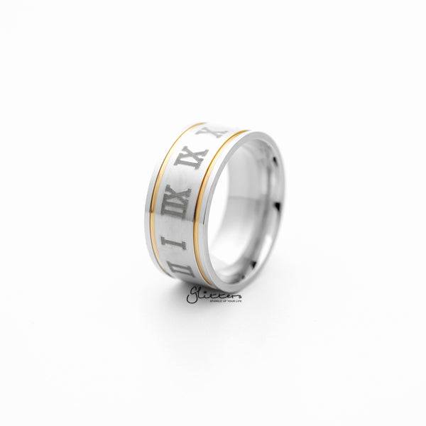 Stainless Steel 10mm Wide Roman numerals Center Band Ring-Jewellery, Men's Jewellery, Men's Rings, Rings, Stainless Steel, Stainless Steel Rings-SR0175-01_600-Glitters