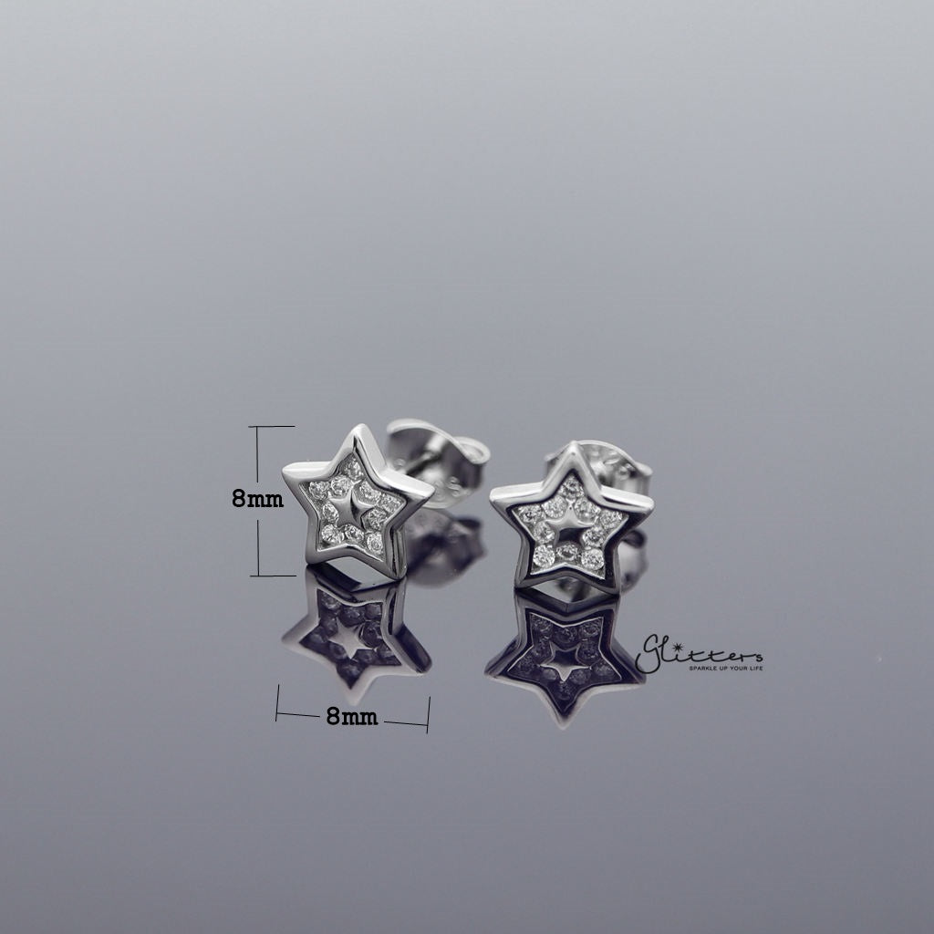 Sterling Silver Star with C.Z Paved Women's Stud Earrings-Cubic Zirconia, earrings, Jewellery, Stud Earrings, Women's Earrings, Women's Jewellery-SSE0270_1000-02_New-Glitters