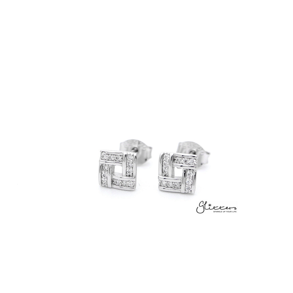 Sterling Silver Square with C.Z Paved Women's Stud Earrings-Cubic Zirconia, earrings, Jewellery, Stud Earrings, Women's Earrings, Women's Jewellery-SSE0271_1000-01-Glitters