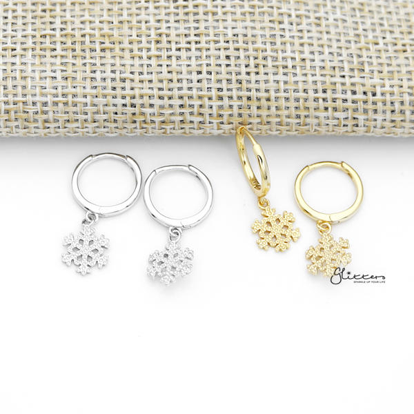 925 Sterling Silver Dangle Snowflake One-Touch Huggie Hoop Earrings-earrings, Hoop Earrings, Jewellery, Women's Earrings, Women's Jewellery-SSE0378A_600-Glitters