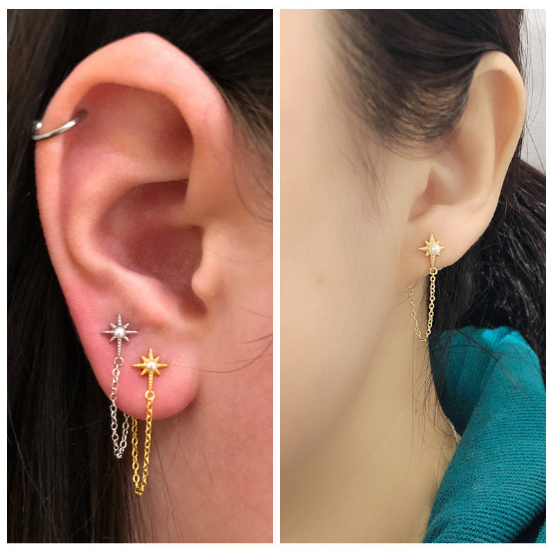 Sterling Silver Star and Pearl Chain Stud Earrings - Gold-Chain Earring, earrings, Jewellery, Stud Earrings, Women's Earrings, Women's Jewellery-SSE0411-M_33aa8b5b-06ea-4a38-916e-61d2051d5abe-Glitters
