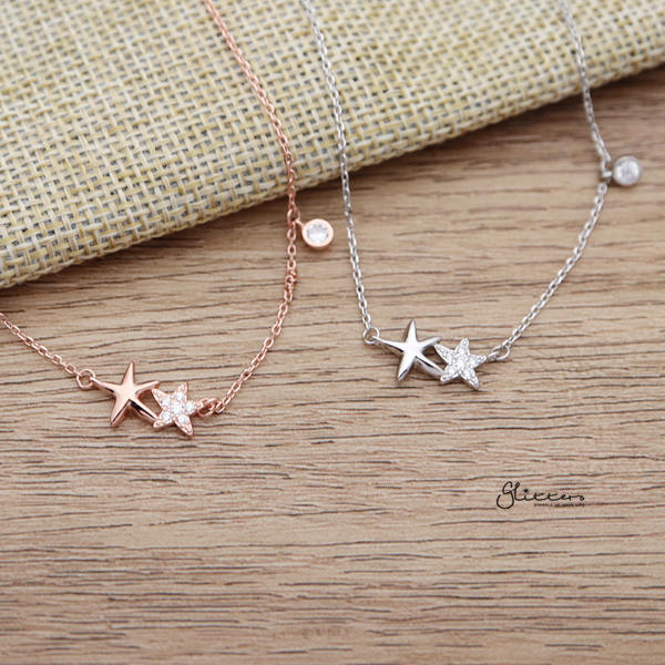 925 Sterling Silver C.Z Double Stars Necklace with 43cm Chain-Cubic Zirconia, Jewellery, Necklaces, Sterling Silver Necklaces, Women's Jewellery, Women's Necklace-SSP0161-01_600-Glitters