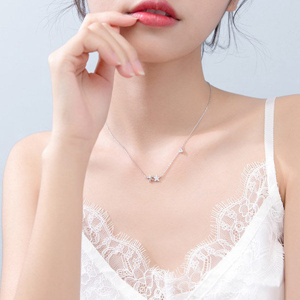 925 Sterling Silver C.Z Double Stars Necklace with 43cm Chain-Cubic Zirconia, Jewellery, Necklaces, Sterling Silver Necklaces, Women's Jewellery, Women's Necklace-SSP0161-ms-Glitters