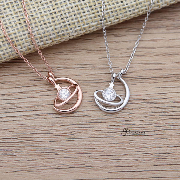 925 Sterling Silver C.Z Planet Necklace with 45cm Chain-Cubic Zirconia, Jewellery, Necklaces, Sterling Silver Necklaces, Women's Jewellery, Women's Necklace-SSP0162_600-Glitters