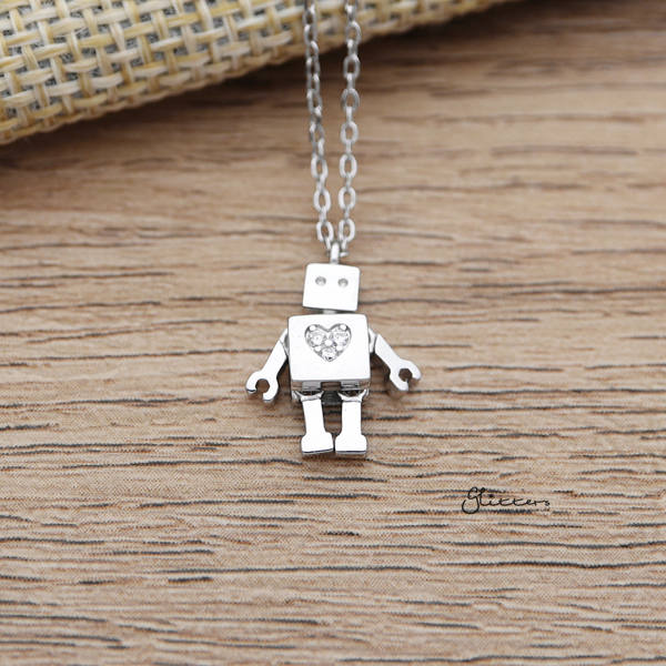 925 Sterling Silver Robot with C.Z Heart Pendant Necklace-Cubic Zirconia, Jewellery, Necklaces, Sterling Silver Necklaces, Women's Jewellery, Women's Necklace-SSP0163_600-Glitters