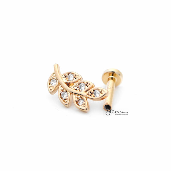 C.Z Paved Leaf Internally Threaded Top Cartilage/Tragus Flat Back Stud - Gold-Body Piercing Jewellery, Cartilage, Cubic Zirconia, Jewellery, Tragus, Women's Earrings, Women's Jewellery-TG0022G3_600-Glitters