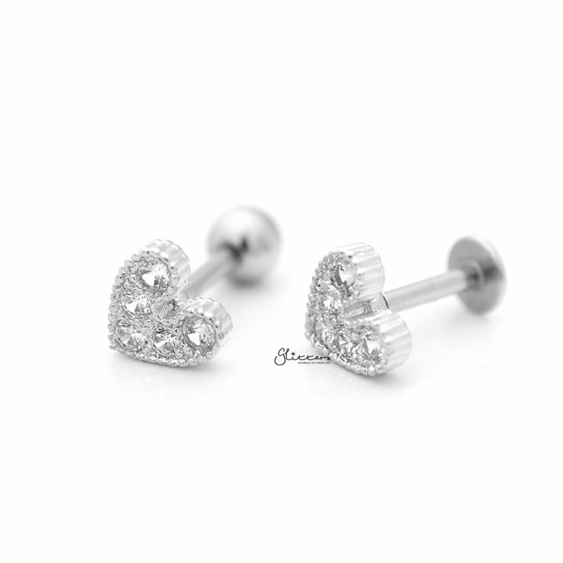 C.Z Paved Heart Cartilage/Tragus Ball End | Flat Back Studs - Silver-Body Piercing Jewellery, Cartilage, Cubic Zirconia, Jewellery, Tragus, Women's Earrings, Women's Jewellery-TG0023-S1_1-Glitters