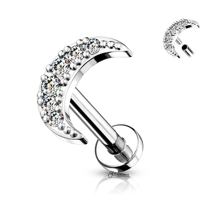 C.Z Moon Internally Threaded Top Cartilage/Tragus Flat Back Studs - Silver-Body Piercing Jewellery, Cartilage, Cubic Zirconia, Jewellery, Tragus, Women's Earrings, Women's Jewellery-TG0028-S-Glitters