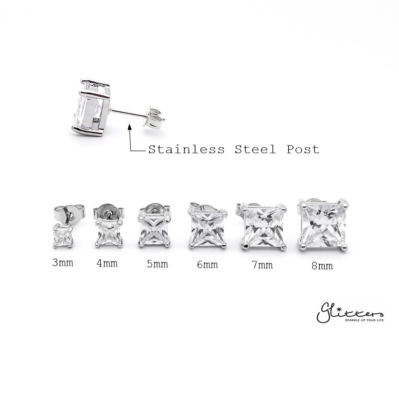 Rhodium Plated Clear Square C.Z Stud Earrings-Cubic Zirconia, earrings, Iced Out, Jewellery, Men's Earrings, Men's Jewellery, Stud Earrings, Women's Earrings, Women's Jewellery-er0007-size_01_New-Glitters