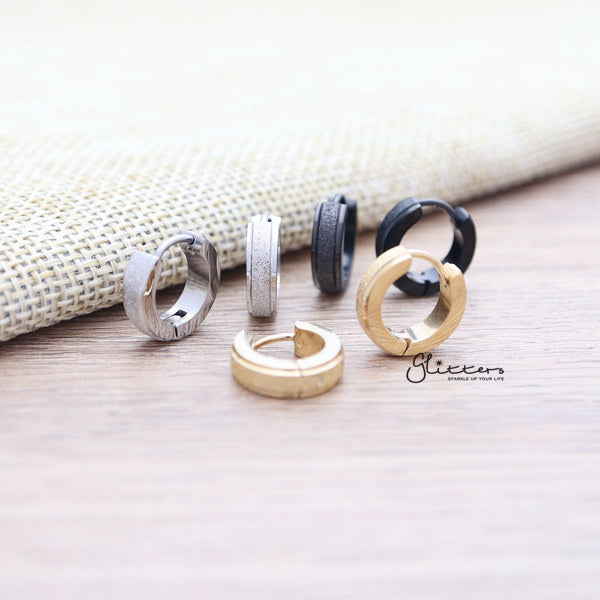 Stainless Steel Sand Sparkle Center Hinged Hoop Earrings with Step Edges-earrings, Hoop Earrings, Huggie Earrings, Jewellery, Men's Earrings, Men's Jewellery, Stainless Steel, Women's Earrings, Women's Jewellery-er0122SandSparkleCenter-Glitters