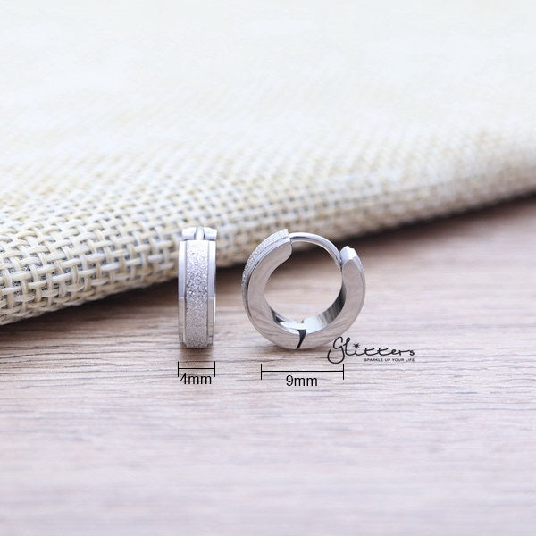 Stainless Steel Sand Sparkle Center Hinged Hoop Earrings with Step Edges-earrings, Hoop Earrings, Huggie Earrings, Jewellery, Men's Earrings, Men's Jewellery, Stainless Steel, Women's Earrings, Women's Jewellery-er0122SandSparkleCenter01_New-Glitters