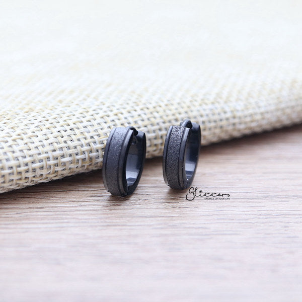 Stainless Steel Sand Sparkle Center Hinged Hoop Earrings with Step Edges-earrings, Hoop Earrings, Huggie Earrings, Jewellery, Men's Earrings, Men's Jewellery, Stainless Steel, Women's Earrings, Women's Jewellery-er0122SandSparkleCenter03-Glitters