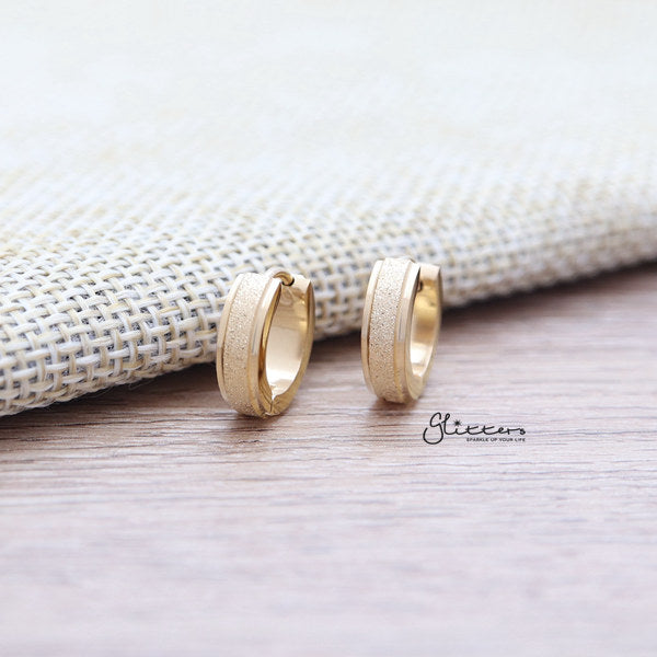 Stainless Steel Sand Sparkle Center Hinged Hoop Earrings with Step Edges-earrings, Hoop Earrings, Huggie Earrings, Jewellery, Men's Earrings, Men's Jewellery, Stainless Steel, Women's Earrings, Women's Jewellery-er0122SandSparkleCenter04-Glitters