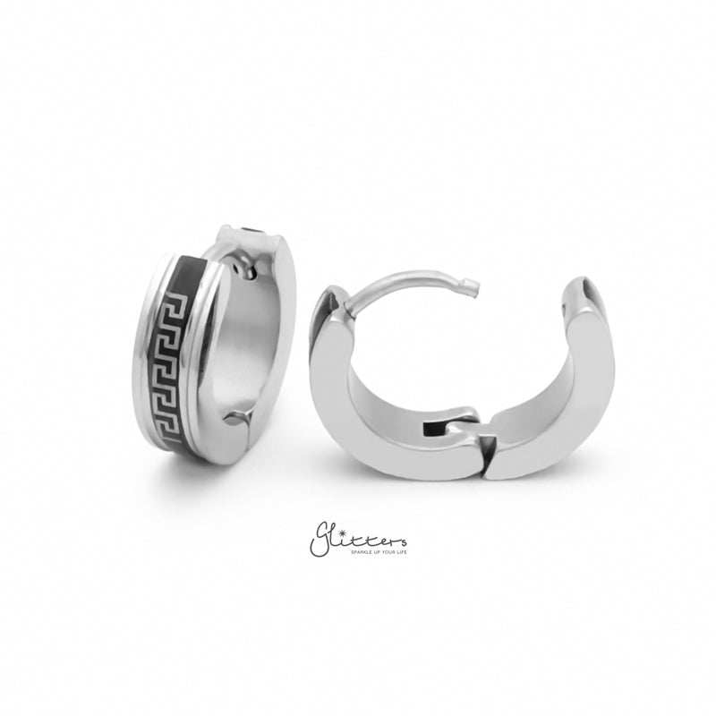 Greek Key Hinged Hoop Earrings with Black Center-earrings, Hoop Earrings, Huggie Earrings, Jewellery, Men's Earrings, Men's Jewellery, Stainless Steel-er1545-3_800-Glitters
