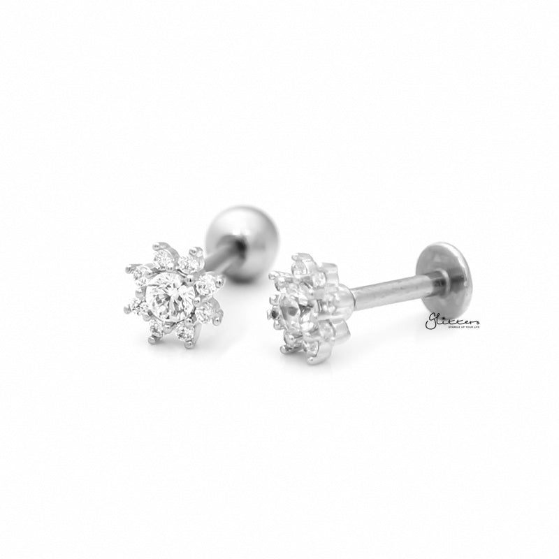 C.Z Flower Cartilage Tragus Barbell - Ball End | Flat Back-Body Piercing Jewellery, Cartilage, Cubic Zirconia, Flat back, Jewellery, Tragus, Women's Earrings, Women's Jewellery-fp0020-cf8-1_1-Glitters