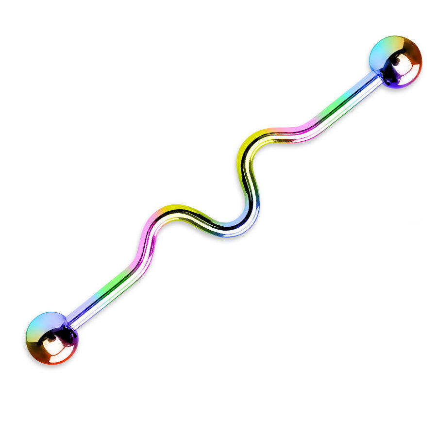 14GA Titanium IP Over Surgical Steel Wavy Industrial Barbells - Rainbow/Multi-Body Piercing Jewellery, Industrial Barbell-ib0002-wave_multi-Glitters