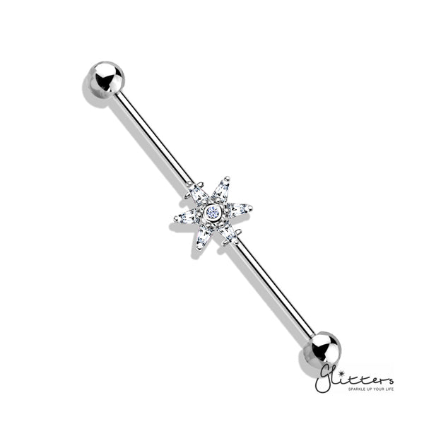316L Surgical Steel Industrial Barbells with 6 Princess Cut CZ Petal Flower-Body Piercing Jewellery, Cubic Zirconia, Industrial Barbell-ib0003-bi75-S-Glitters