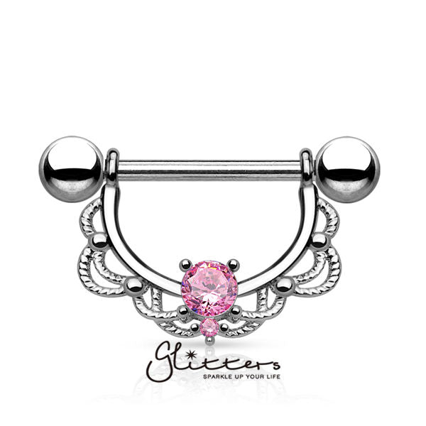 CZ Centered Filigree Drop 316L Surgical Steel Nipple Rings-Body Piercing Jewellery, Cubic Zirconia, Nipple Barbell-nb0011-2-Glitters