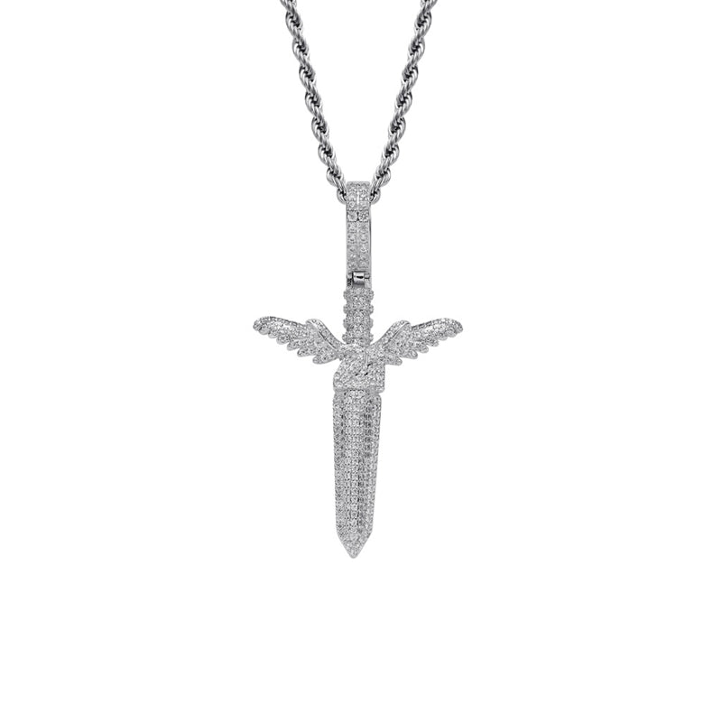 Iced Out Sword Pendant - Silver-Hip Hop, Hip Hop Pendant, Iced Out, Men's Necklace, Necklaces, Pendants-nk1070-s-800-Glitters