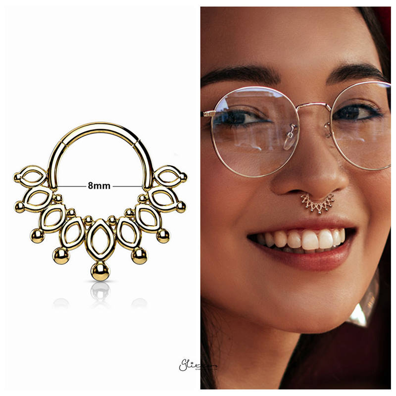 Beaded End Crown Hinged Segment Hoop Ring - Gold-Body Piercing Jewellery, Cartilage, Daith, Nose, Septum Ring-1-Glitters