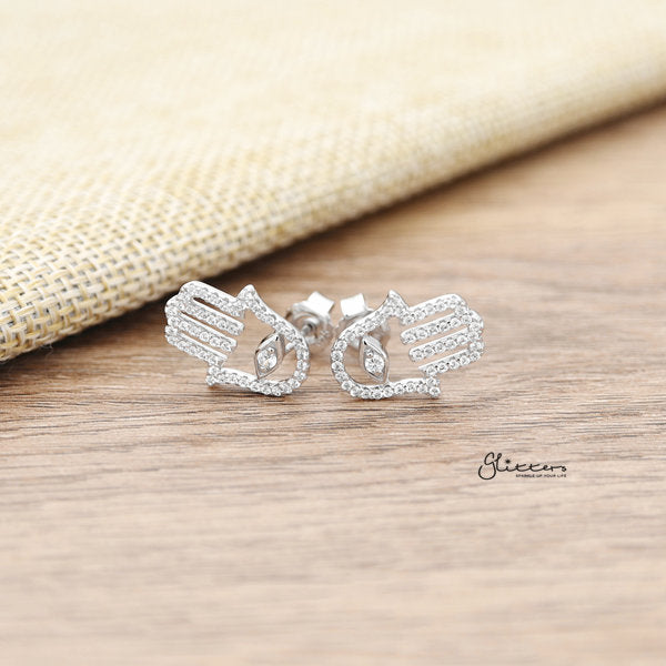 925 Sterling Silver CZ Paved Hamas Hand Stud Earrings-Cubic Zirconia, earrings, Jewellery, Stud Earrings, Women's Earrings, Women's Jewellery-sse0113-01-Glitters
