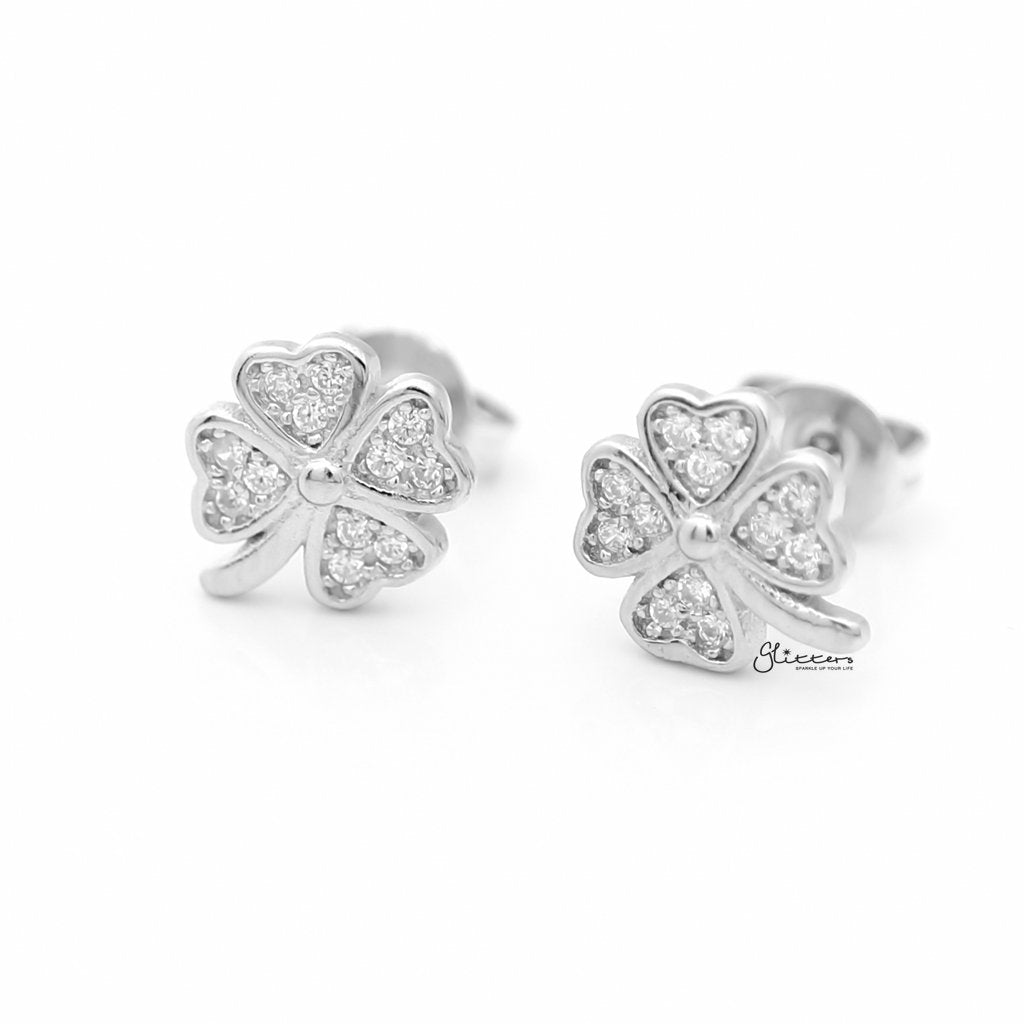 Sterling Silver Four Leaf Clover Stud Earrings-Cubic Zirconia, earrings, Jewellery, Stud Earrings, Women's Earrings, Women's Jewellery-sse0136-1-Glitters
