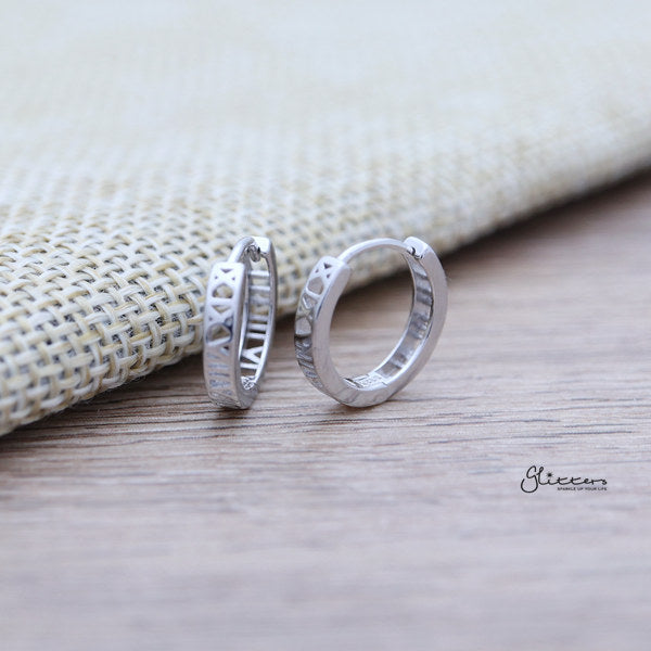925 Sterling Silver Hollow Roman numerals One-Touch Hoop Earrings-earrings, Hoop Earrings, Jewellery, Women's Earrings, Women's Jewellery-sse0346-S_600-Glitters