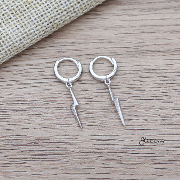 925 Sterling Silver Dangle C.Z Lightning One-Touch Huggie Hoop Earrings-Cubic Zirconia, earrings, Hoop Earrings, Jewellery, Women's Earrings, Women's Jewellery-sse0350-s_600-Glitters