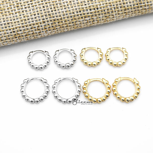 925 Sterling Silver Beaded One-Touch Huggie Hoop Earrings-Daith, earrings, Hoop Earrings, Jewellery, Tragus, Women's Earrings, Women's Jewellery-sse0369-a_600-Glitters