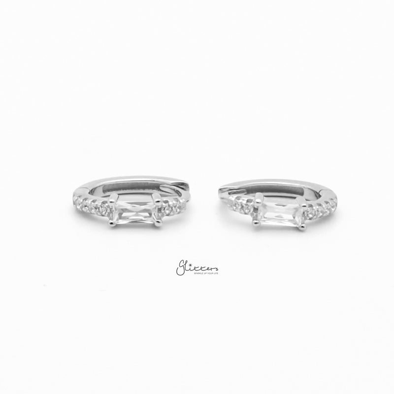 Sterling Silver Baguette CZ One-Touch Huggie Hoop Earrings - Silver-Cubic Zirconia, earrings, Hoop Earrings, Jewellery, Women's Earrings, Women's Jewellery-sse0425-s1_800-Glitters
