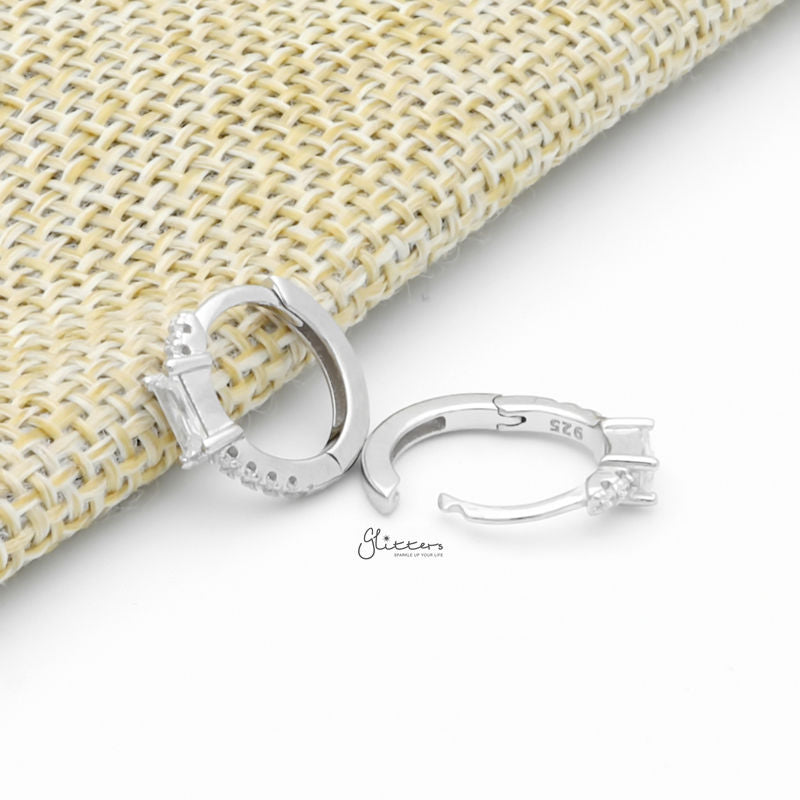 Sterling Silver Baguette CZ One-Touch Huggie Hoop Earrings - Silver-Cubic Zirconia, earrings, Hoop Earrings, Jewellery, Women's Earrings, Women's Jewellery-sse0425-s2_800-Glitters