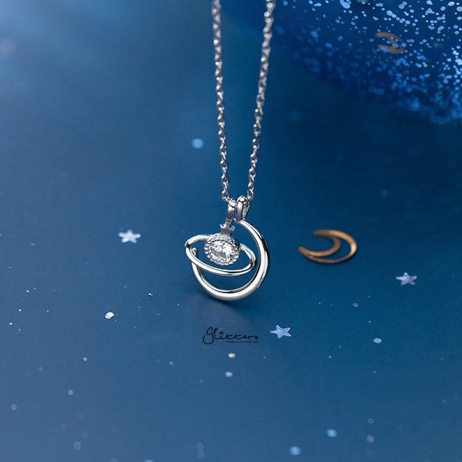 925 Sterling Silver C.Z Planet Necklace with 45cm Chain-Cubic Zirconia, Jewellery, Necklaces, Sterling Silver Necklaces, Women's Jewellery, Women's Necklace-ssp0162-s-Glitters