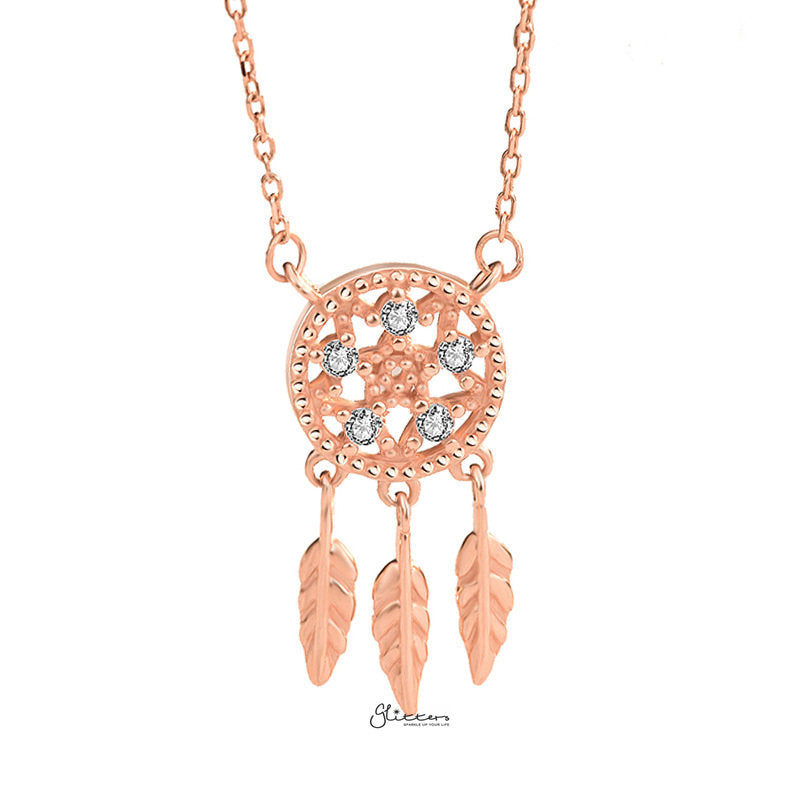 Sterling Silver Dream Catcher Necklace - Rose Gold-Cubic Zirconia, Jewellery, Necklaces, Sterling Silver Necklaces, Women's Jewellery, Women's Necklace-ssp0169-rg1-Glitters