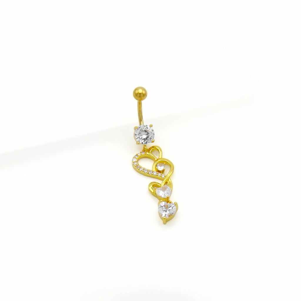 Triple CZ Heart Dangle Belly Button Ring - Gold