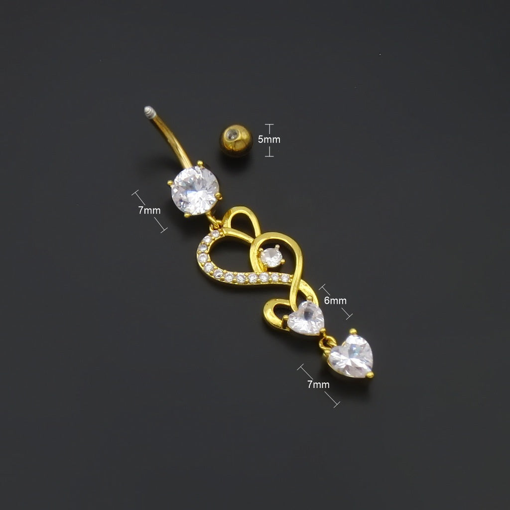 Triple CZ Heart Dangle Belly Button Ring - Gold