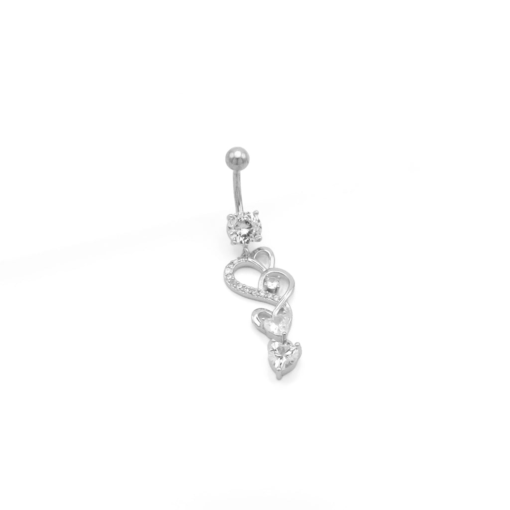 Triple CZ Heart Dangle Belly Button Ring - Silver