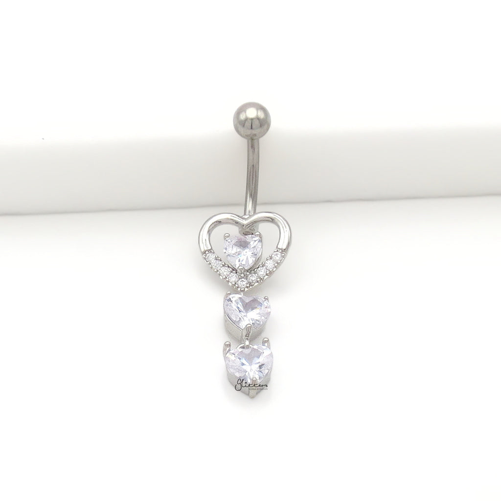 Triple CZ Heart Dangle Belly Button Navel Ring - Silver-Belly Rings-3-Glitters