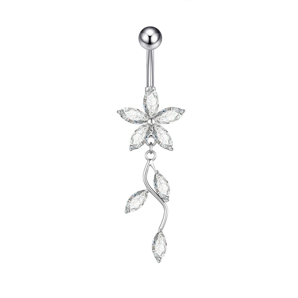 Marquise CZ Flower & Leaf Dangle Belly Button Navel Ring-Belly Rings-1-Glitters