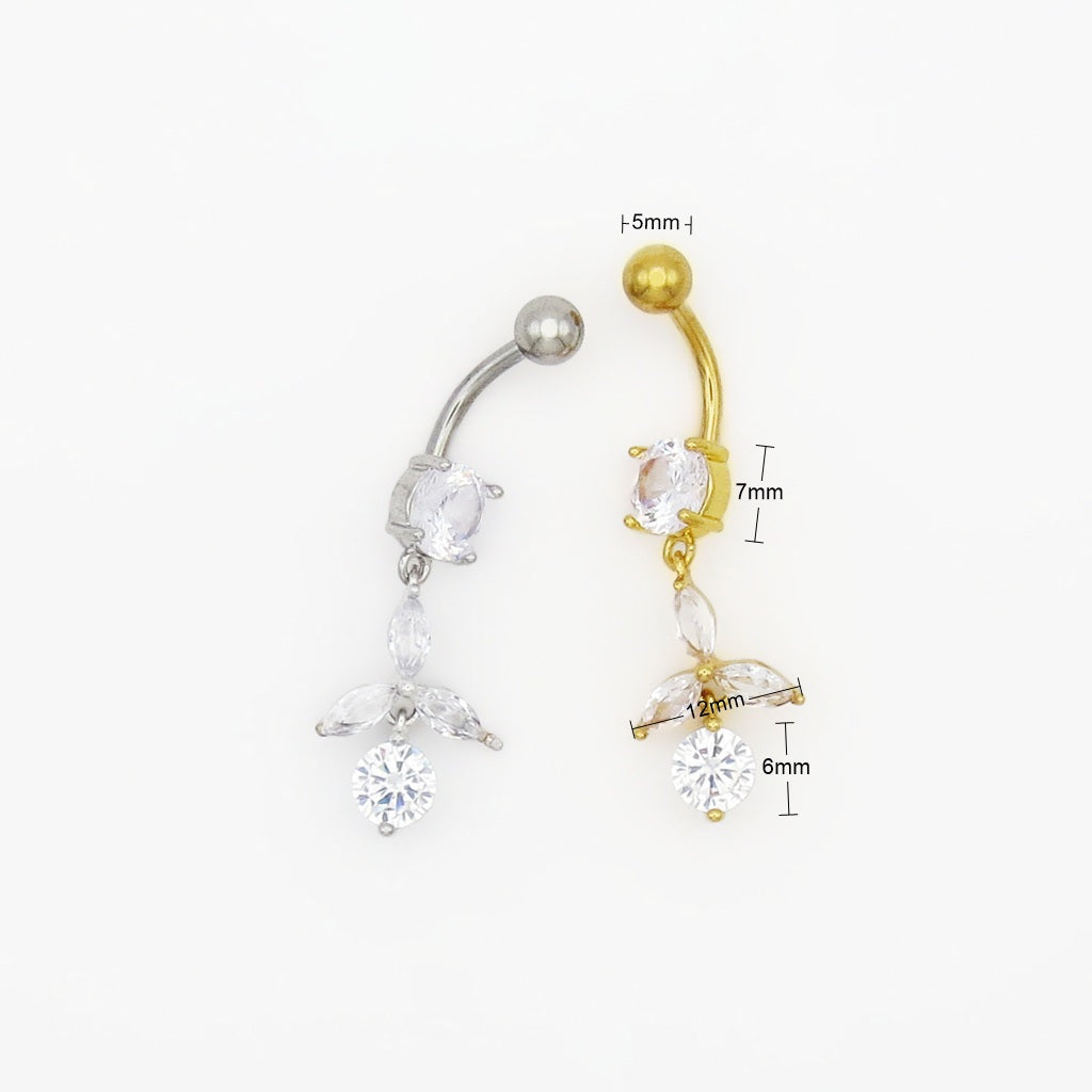 Marquise CZ Flower & Round CZ Dangle Belly Button Navel Ring-Belly Rings-4-Glitters