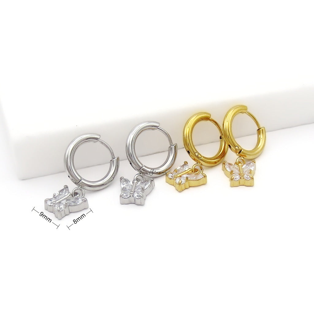 Stainless Steel CZ Butterfly Dangle Hoop Earrings