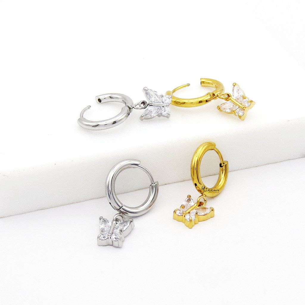 Stainless Steel CZ Butterfly Dangle Hoop Earrings